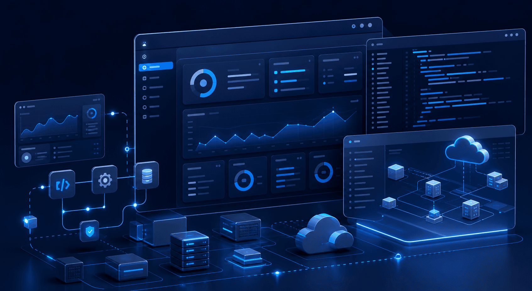 Premium enterprise software dashboard, cloud architecture, and code panels
